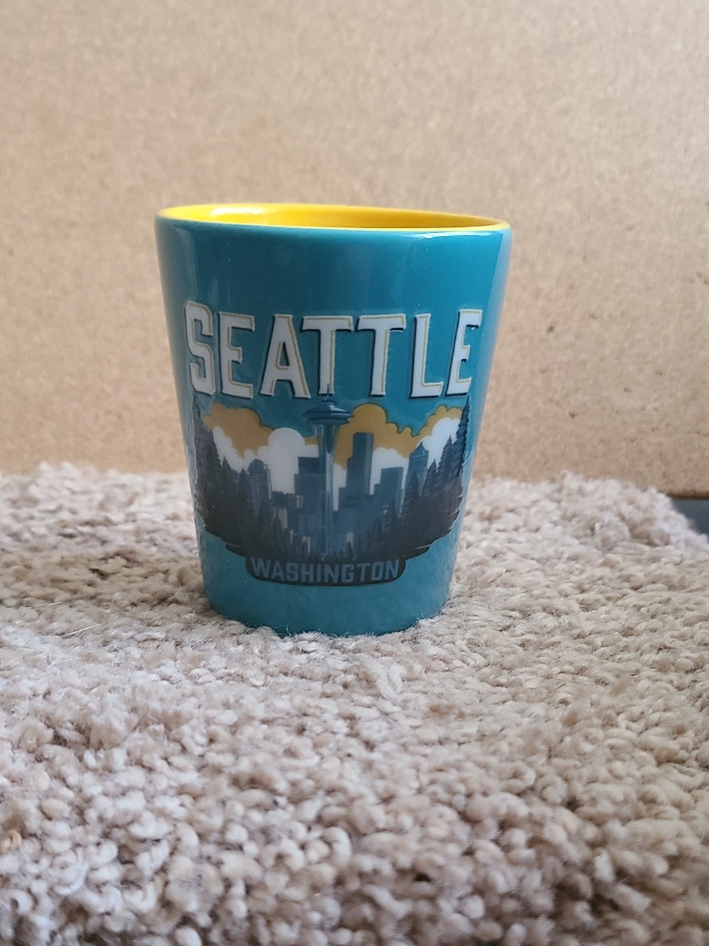 Seattle Washington Skyline Teal & Yellow Ceramic Souvenir Shot Glass